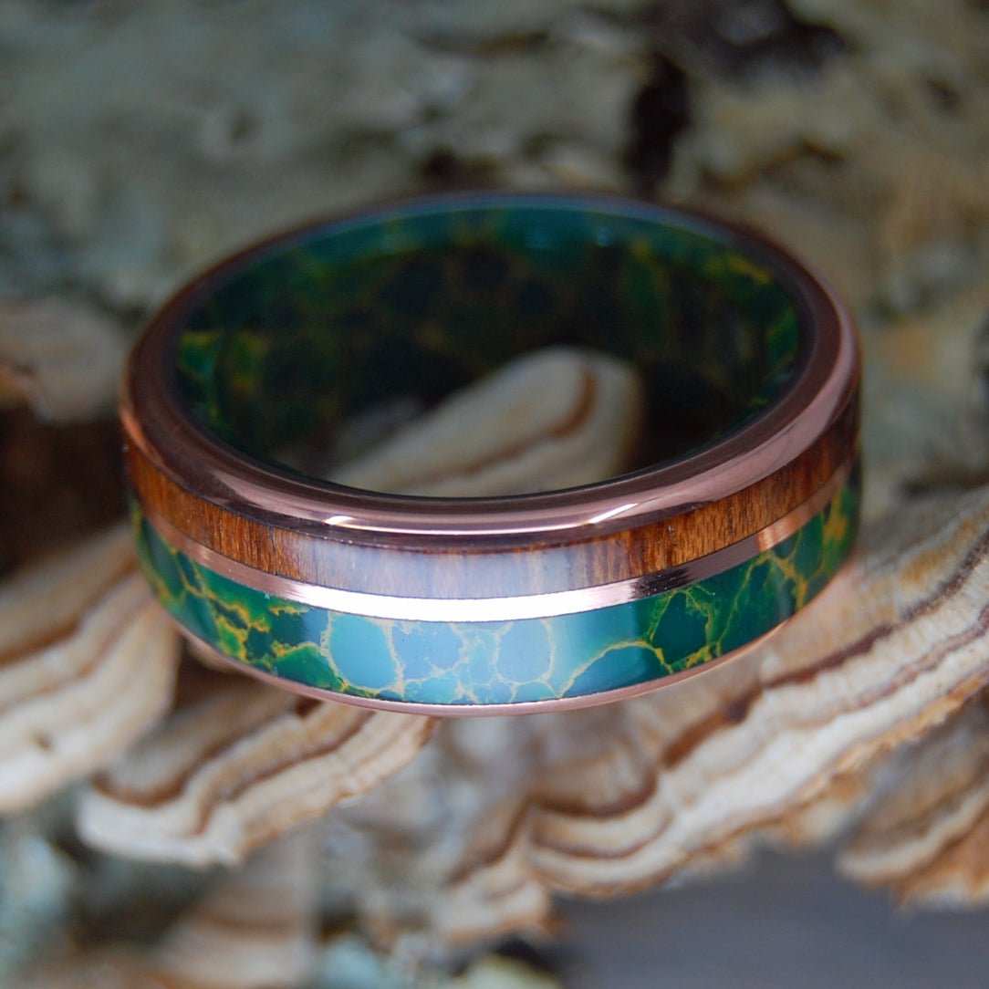 Snake Thru Love | Men's Snakewood, Copper, Egyptian Jade & Titanium Wedding Ring - Minter and Richter Designs