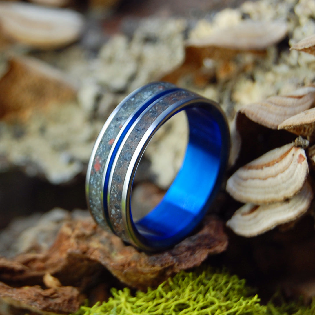 SNOW CANYON DEER SAPPHIRE| Deer Bone, Lava & Beach Sand Rings - Titanium Wedding Ring - Minter and Richter Designs