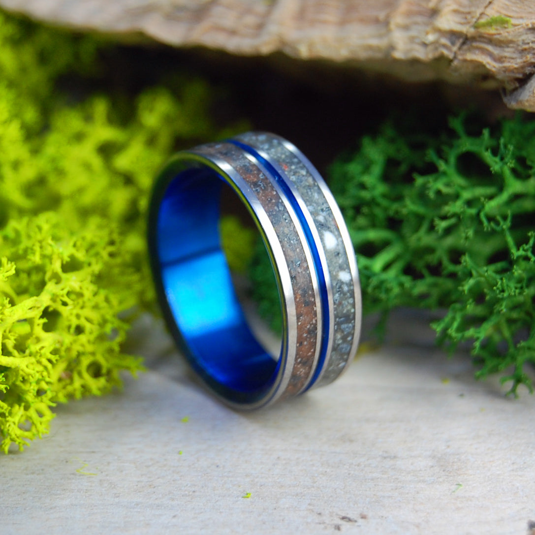 SNOW CANYON DEER SAPPHIRE| Deer Bone, Lava & Beach Sand Rings - Titanium Wedding Ring - Minter and Richter Designs