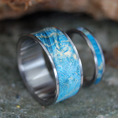 So Simple Blue | Blue Box Elder Wood & Titanium - Unique Wedding Ring Set - Minter and Richter Designs