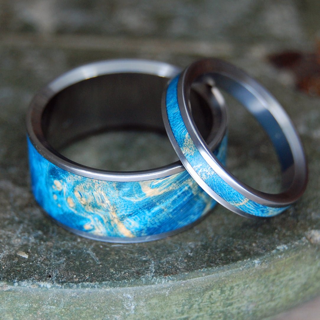 So Simple Blue | Blue Box Elder Wood & Titanium - Unique Wedding Ring Set - Minter and Richter Designs