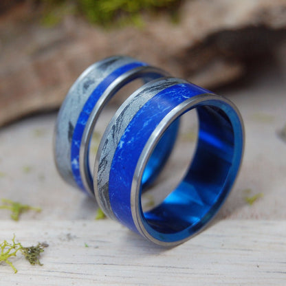 Sodalite And Silver Burst | Sodalite Stone & Silver Bust M3 - His & Hers Wedding Band Set - Stone Wedding Ring - Minter and Richter Designs