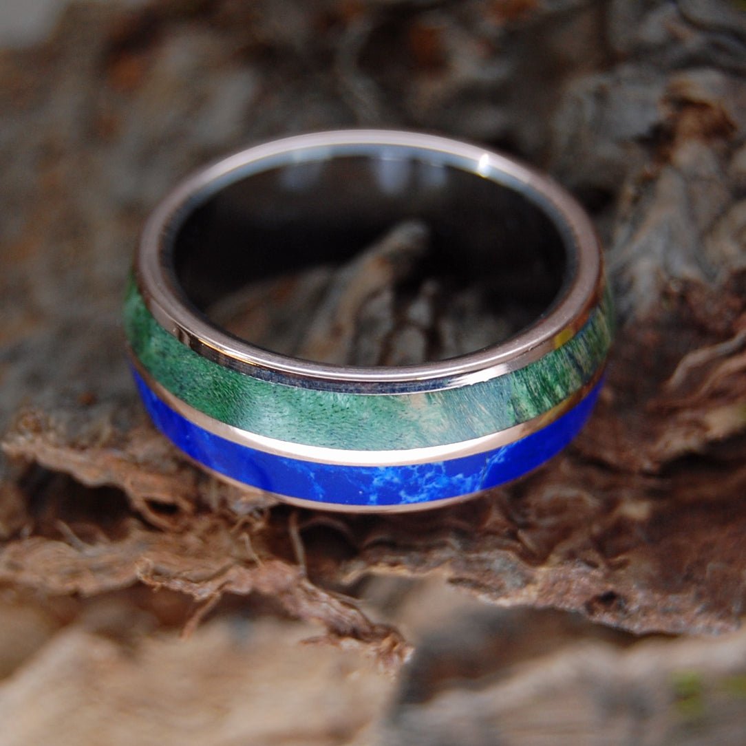 Sodalite Stone Bronze | Men's Sodalite Stone, Green Box Elder Wood, Bronze & Titanium Wedding Ring - Minter and Richter Designs