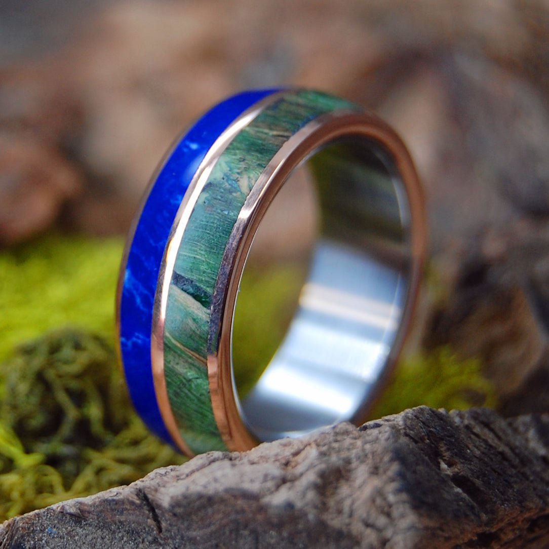 Sodalite Stone Bronze | Men's Sodalite Stone, Green Box Elder Wood, Bronze & Titanium Wedding Ring - Minter and Richter Designs