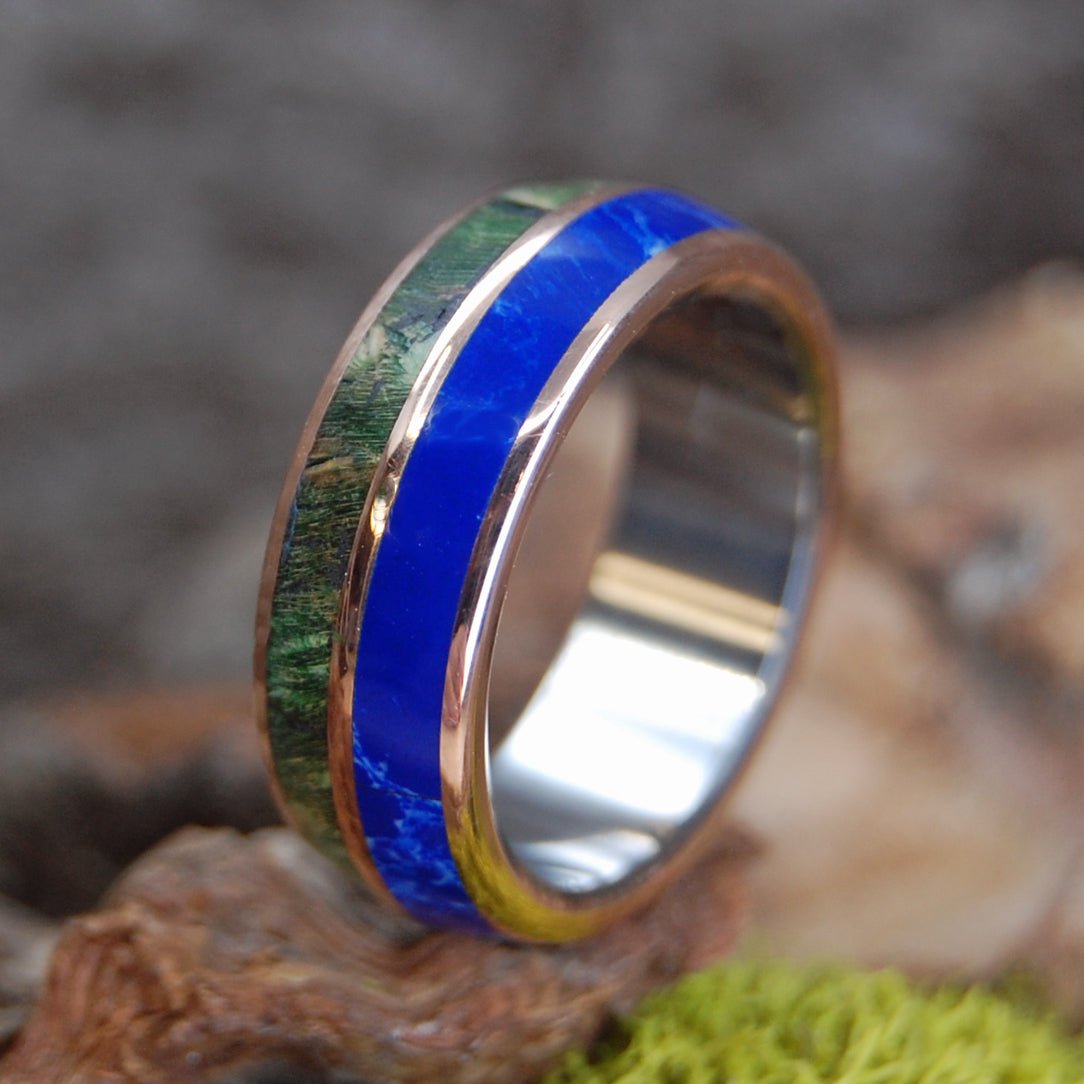 Sodalite Stone Bronze | Men's Sodalite Stone, Green Box Elder Wood, Bronze & Titanium Wedding Ring - Minter and Richter Designs