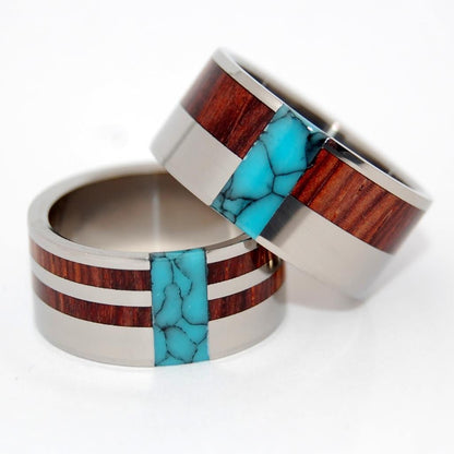 Soul Mates | Turquoise, Cocobolo Wood & Titanium - Unique Wedding Ring - Wedding Ring Set - Minter and Richter Designs