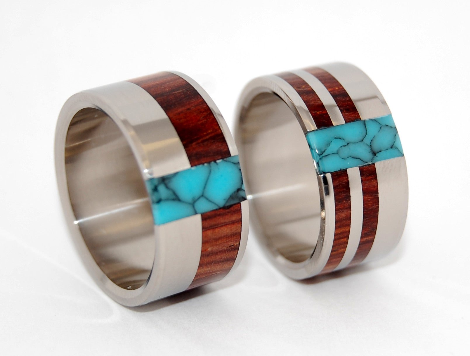 Soul Mates | Turquoise, Cocobolo Wood & Titanium - Unique Wedding Ring - Wedding Ring Set - Minter and Richter Designs