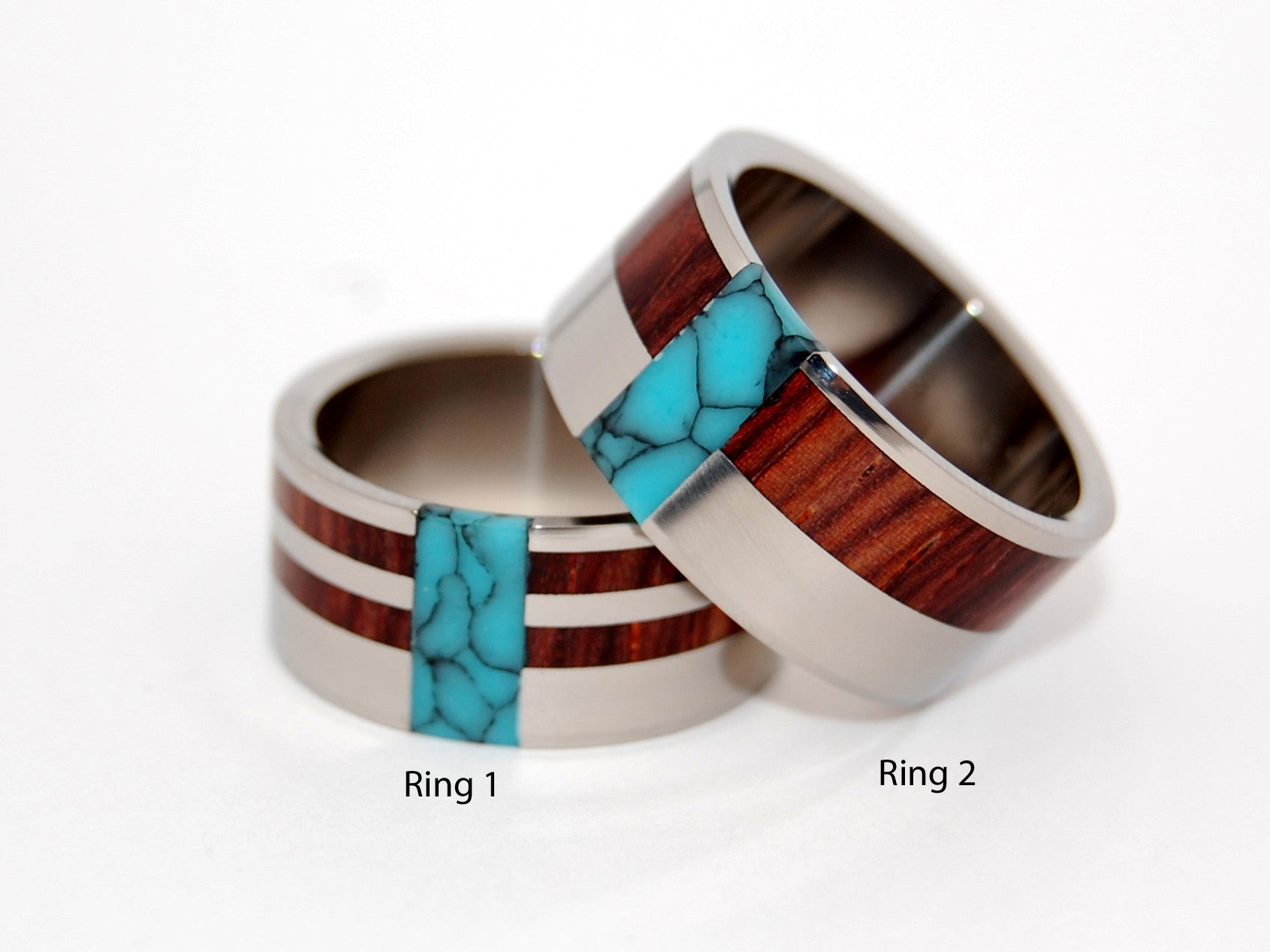 Soul Mates | Turquoise, Cocobolo Wood & Titanium - Unique Wedding Ring - Wedding Ring Set - Minter and Richter Designs