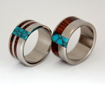 Soul Mates | Turquoise, Cocobolo Wood & Titanium - Unique Wedding Ring - Wedding Ring Set - Minter and Richter Designs