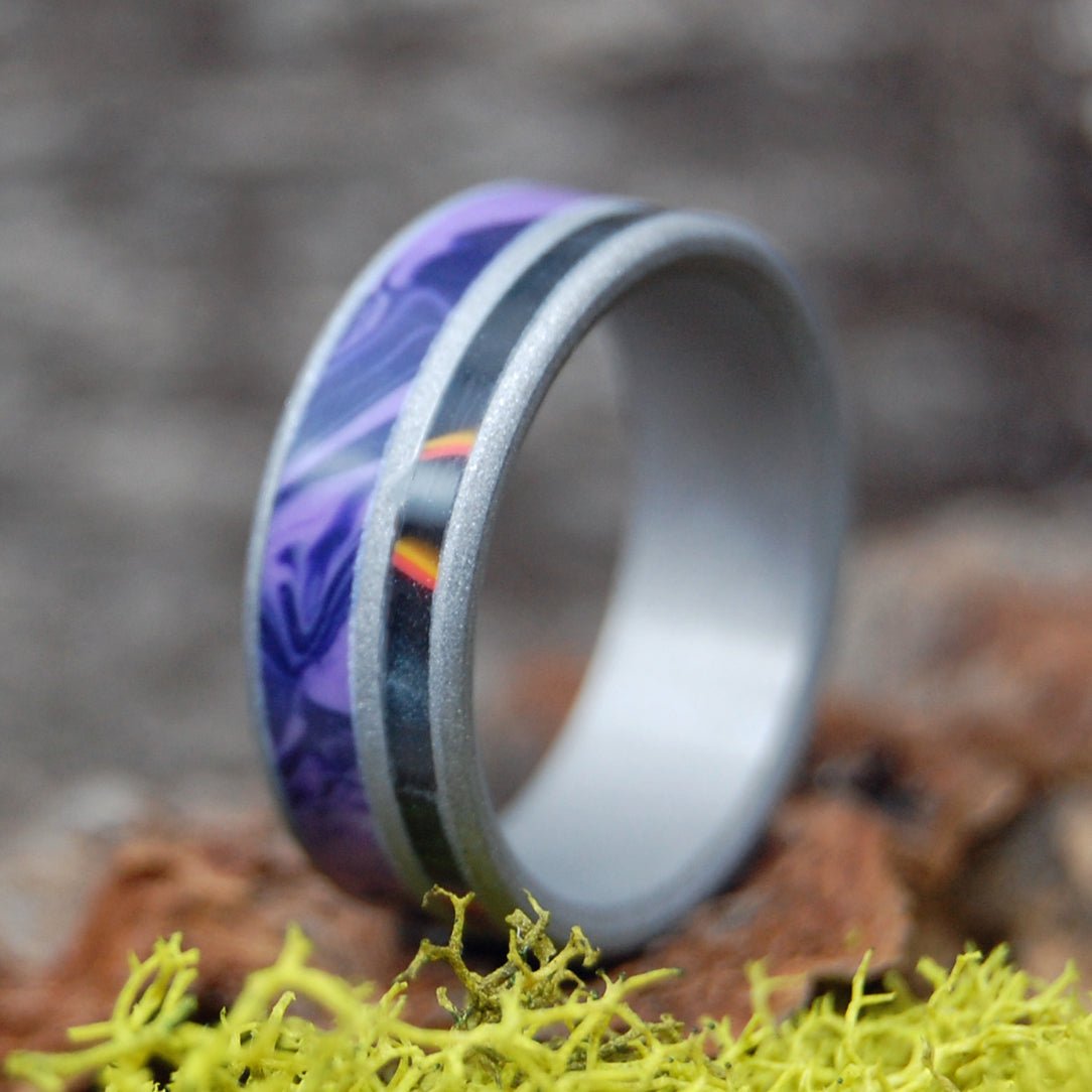 Spacetime Solar Flare | Men's Charoite Stone, Solar Flare Resin & Titanium Wedding Ring - Minter and Richter Designs