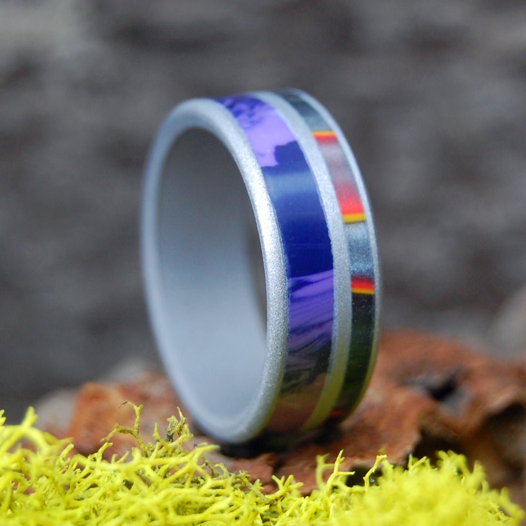 Spacetime Solar Flare | Men's Charoite Stone, Solar Flare Resin & Titanium Wedding Ring - Minter and Richter Designs