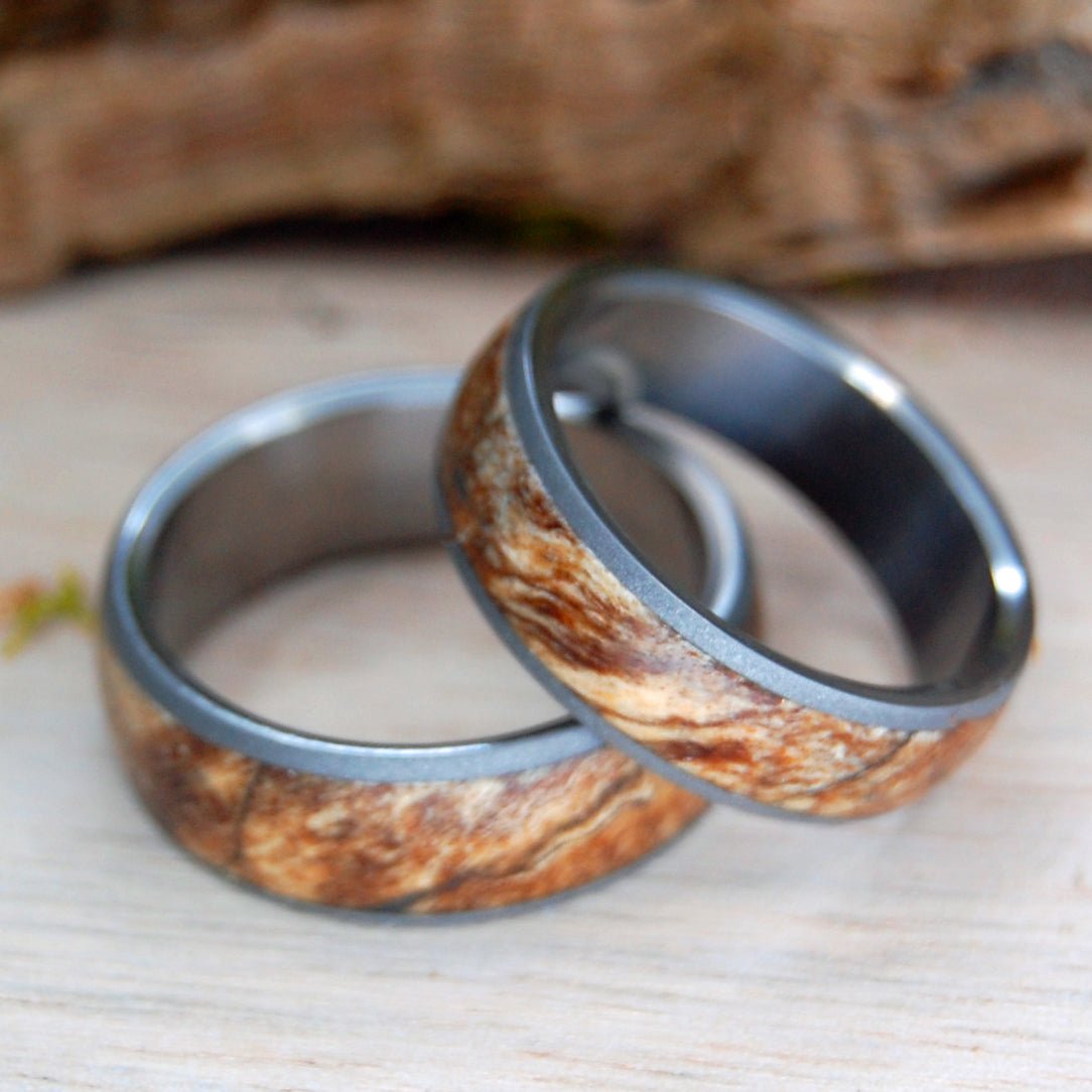 Spalted Domed Set | Amboyna Wood & Titanium - Unique Wedding Ring - Wedding Ring Set - Minter and Richter Designs