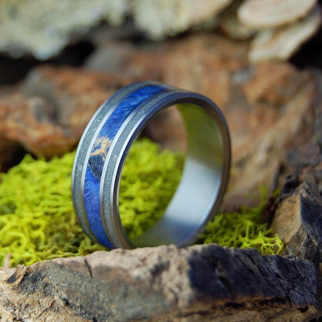 St. Augustine Sea | Men's St. Augustine Beach Sand, Blue Box Elder Wood & Titanium Wedding Ring - Minter and Richter Designs