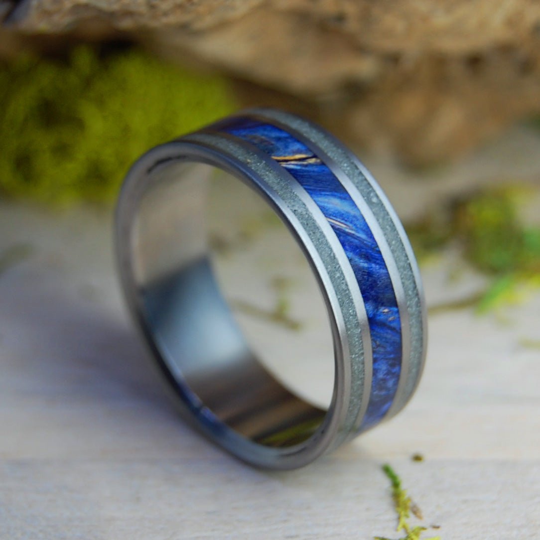 St. Augustine Sea | Men's St. Augustine Beach Sand, Blue Box Elder Wood & Titanium Wedding Ring - Minter and Richter Designs