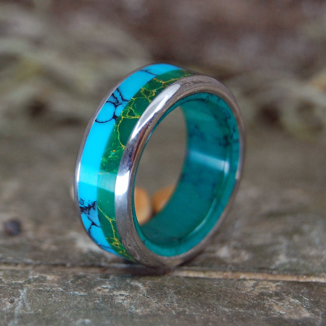 Stoned Me To My Soul | Men's Egyptian Jade, Imperial Jade, Arizona Turquoise & Titanium Wedding Ring - Minter and Richter Designs