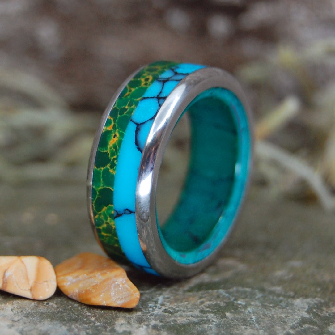 Stoned Me To My Soul | Men's Egyptian Jade, Imperial Jade, Arizona Turquoise & Titanium Wedding Ring - Minter and Richter Designs