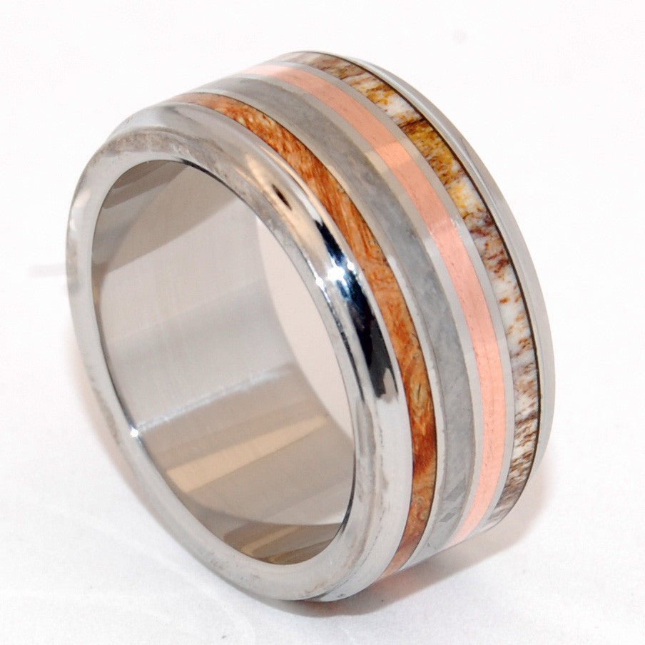 Strike The Match | Men's Meteorite, Copper, Box Elder Wood, & Moose Antler Titanium Wedding Ring - Minter and Richter Designs