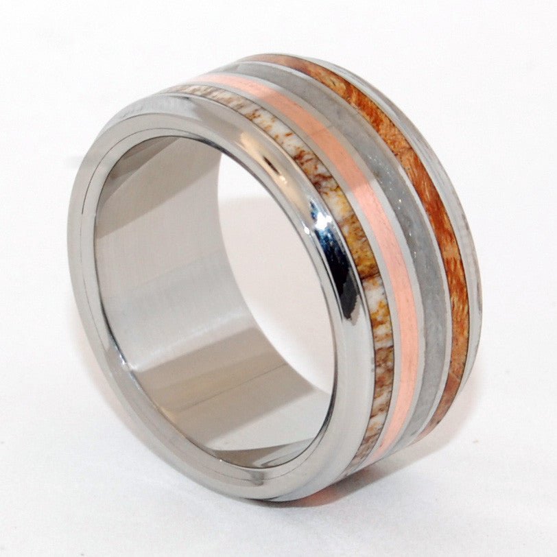 Strike The Match | Men's Meteorite, Copper, Box Elder Wood, & Moose Antler Titanium Wedding Ring - Minter and Richter Designs