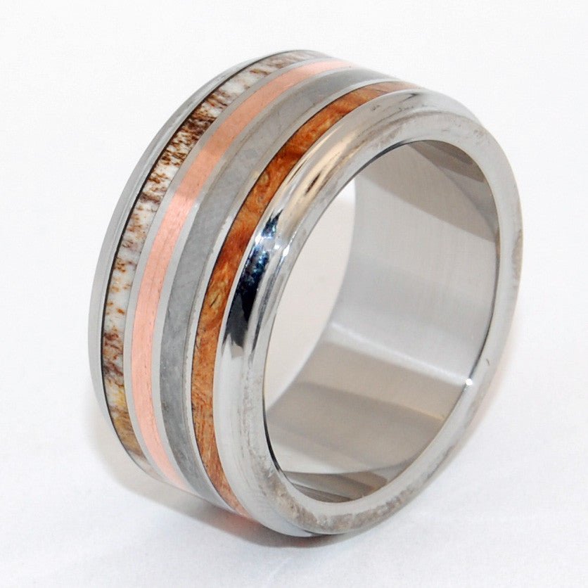 Strike The Match | Men's Meteorite, Copper, Box Elder Wood, & Moose Antler Titanium Wedding Ring - Minter and Richter Designs