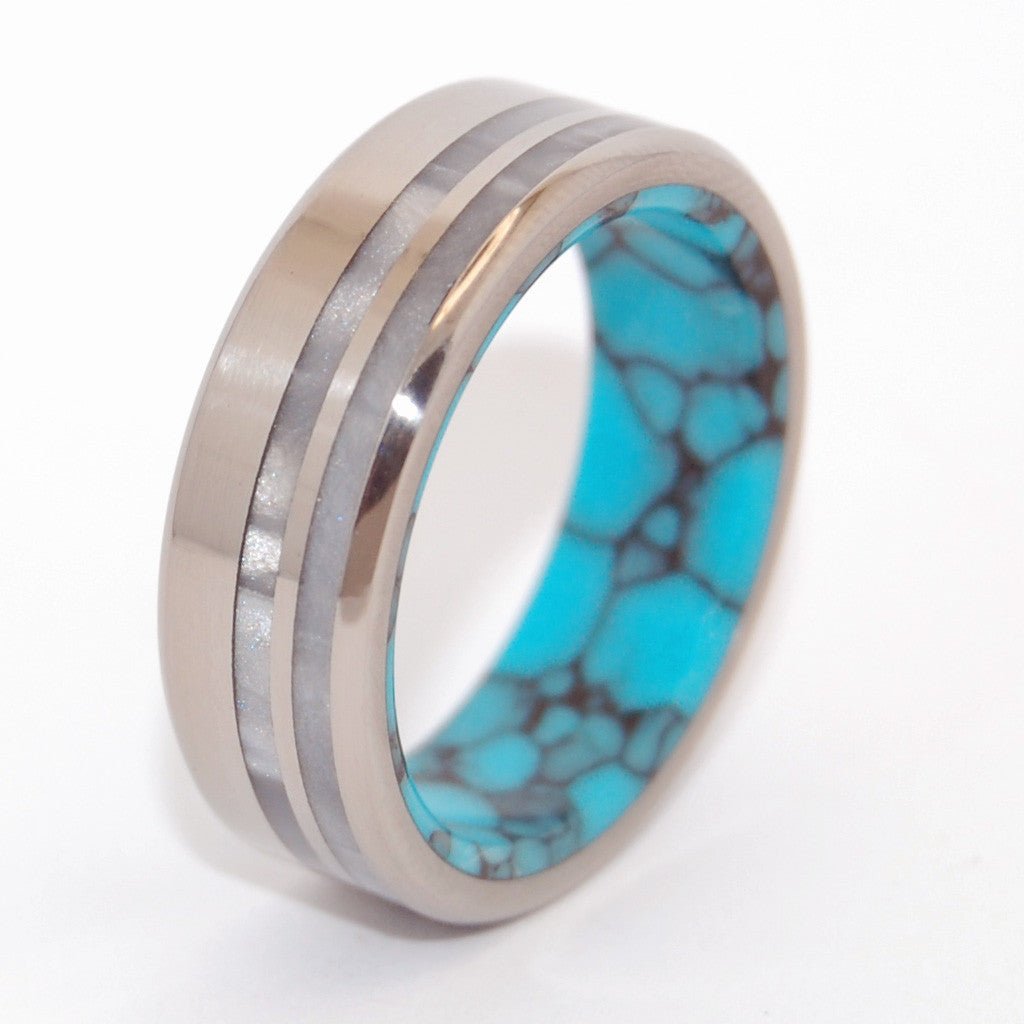 Strong & Bright | Men's Turquoise, Gray Pearl Opalescent Resin & Titanium Wedding Ring - Minter and Richter Designs