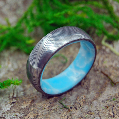 Sunny Day | Men's Damascus Steel, Damasteel & Larimar Stone Wedding Ring - Minter and Richter Designs