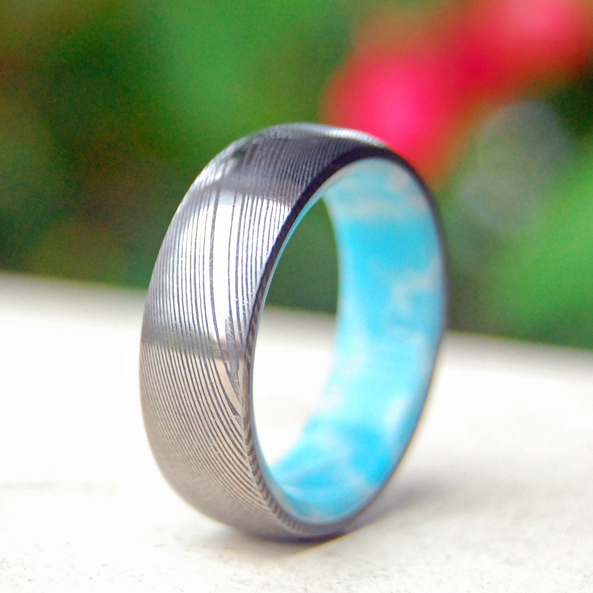 Sunny Day | Men's Damascus Steel, Damasteel & Larimar Stone Wedding Ring - Minter and Richter Designs