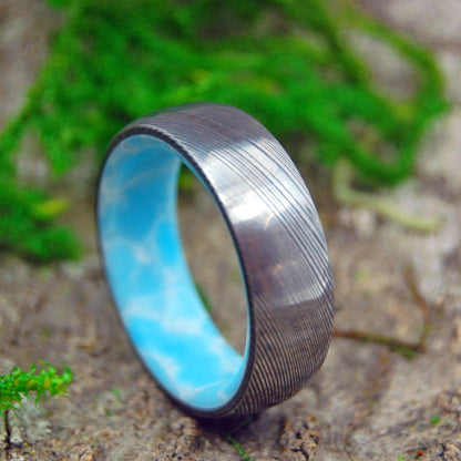 Sunny Day | Men's Damascus Steel, Damasteel & Larimar Stone Wedding Ring - Minter and Richter Designs