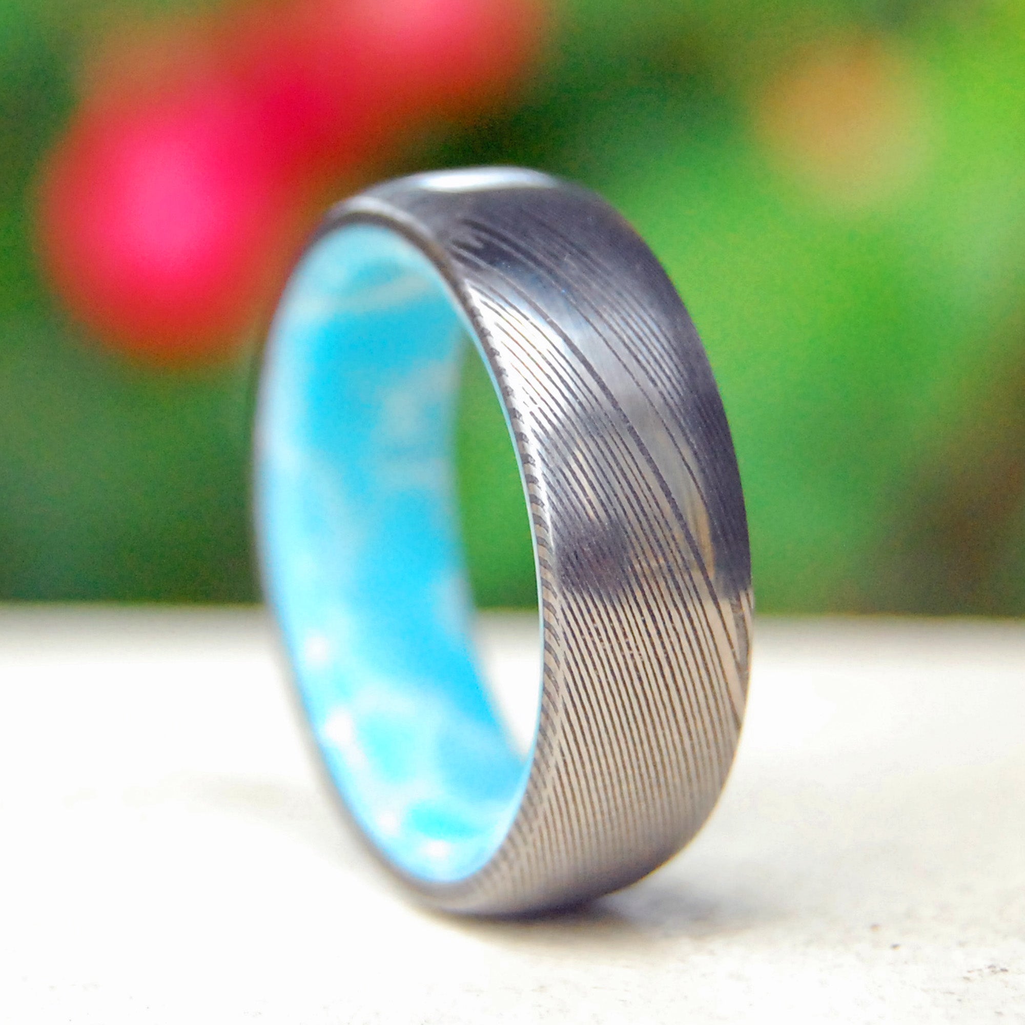 Sunny Day | Men's Damascus Steel, Damasteel & Larimar Stone Wedding Ring - Minter and Richter Designs