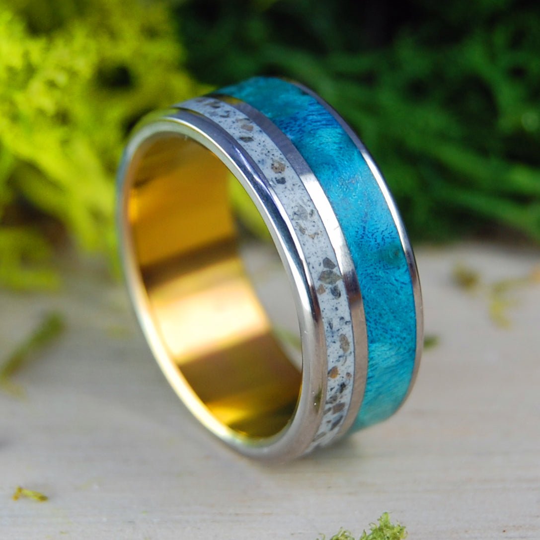 Sunset Over Germany | Men's Turquoise Box Elder Wood, German Earth & Titanium Wedding Ring - Minter and Richter Designs