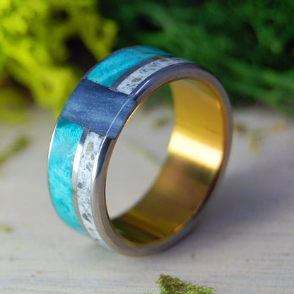 Sunset Over Germany Vertical | Men's Turquoise Box Elder Wood, German Earth & Titanium Wedding Ring - Minter and Richter Designs