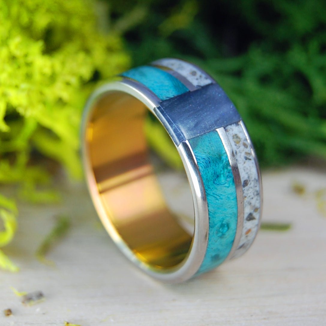 Sunset Over Germany Vertical | Men's Turquoise Box Elder Wood, German Earth & Titanium Wedding Ring - Minter and Richter Designs