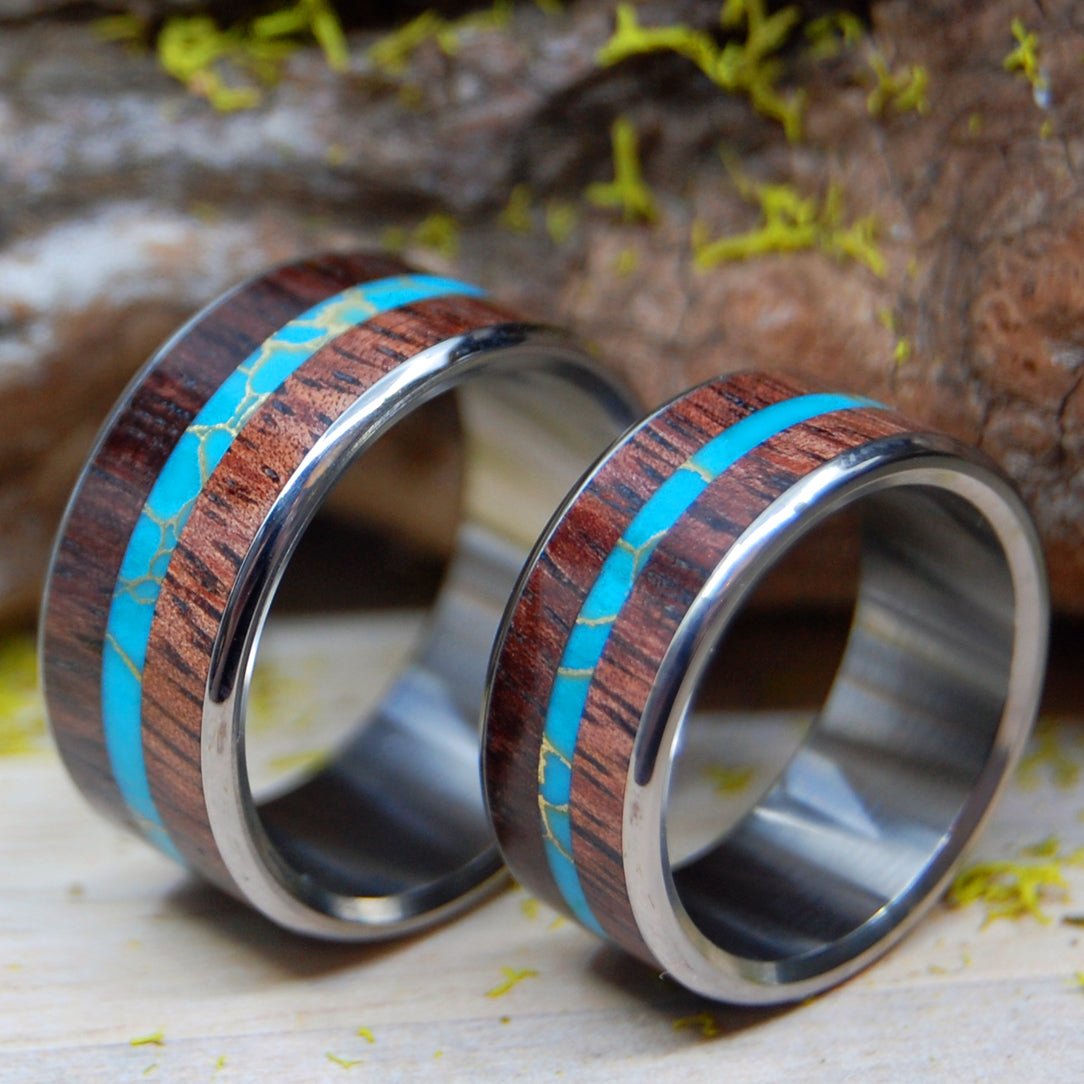 Surf Shredder | Hawaiian Koa & Tibetan Turquoise - Titanium Wedding Ring Set - Minter and Richter Designs