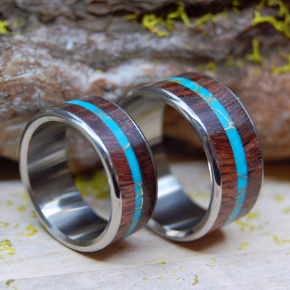 Surf Shredder | Hawaiian Koa & Tibetan Turquoise - Titanium Wedding Ring Set - Minter and Richter Designs