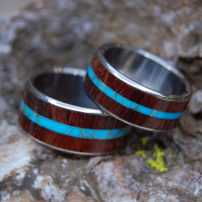 Surf Shredder | Hawaiian Koa & Tibetan Turquoise - Titanium Wedding Ring Set - Minter and Richter Designs