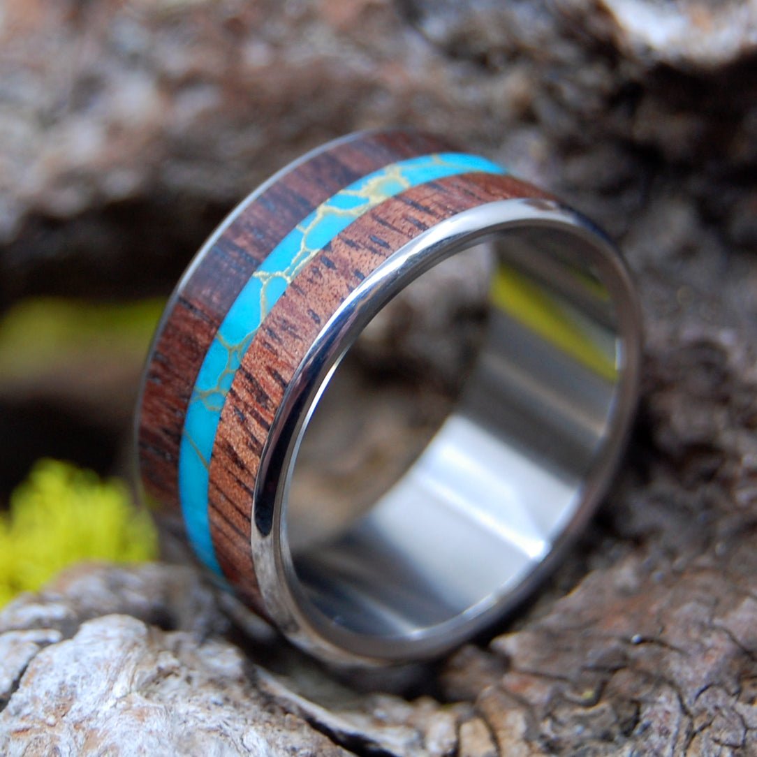 Surf Shredder | Men's Tibetan Turquoise, Hawaiian Koa Wood & Titanium Wedding Ring - Minter and Richter Designs