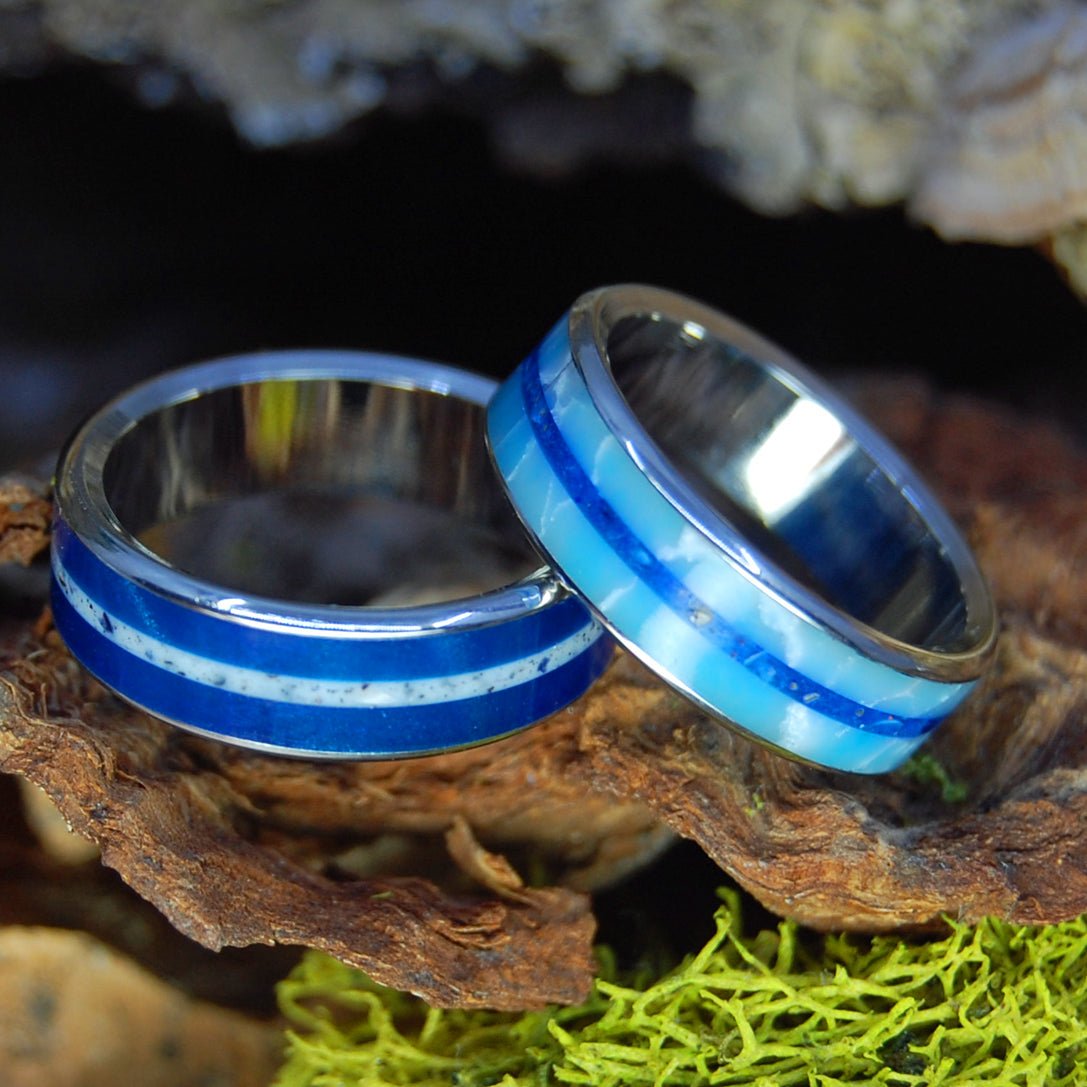 T - Rex And Larimar On Cape Cod | Beach Sand And Dino Teeth Wedding Ring Set - Minter and Richter Designs