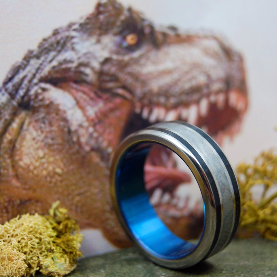 T - Rex Dino - Blue | Men's Dinosaur Tooth, Meteorite & Titanium Wedding Ring - Minter and Richter Designs