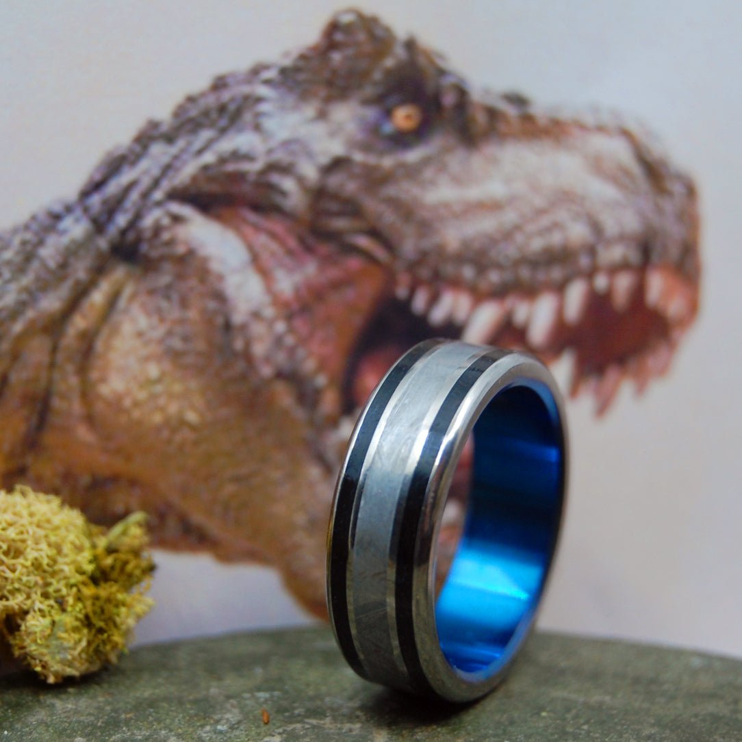 T - Rex Dino - Blue | Men's Dinosaur Tooth, Meteorite & Titanium Wedding Ring - Minter and Richter Designs