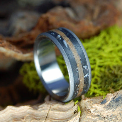 Taking Whiskey Shots With A T - Rex | Men's Dinosaur Tooth/Bone, Whiskey Barrel Wood & Titanium Wedding Ring - Minter and Richter Designs