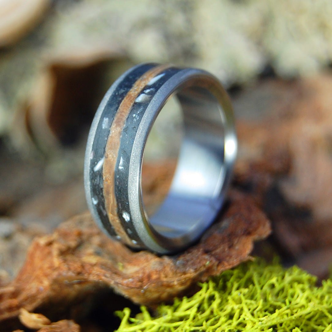 Taking Whiskey Shots With A T - Rex | Men's Dinosaur Tooth/Bone, Whiskey Barrel Wood & Titanium Wedding Ring - Minter and Richter Designs