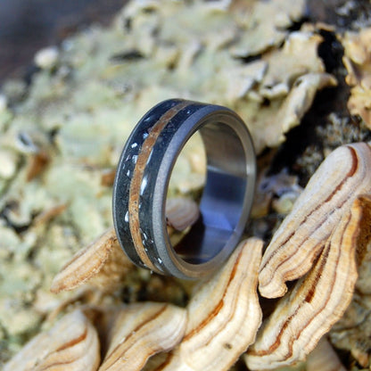 Taking Whiskey Shots With A T - Rex | Men's Dinosaur Tooth/Bone, Whiskey Barrel Wood & Titanium Wedding Ring - Minter and Richter Designs