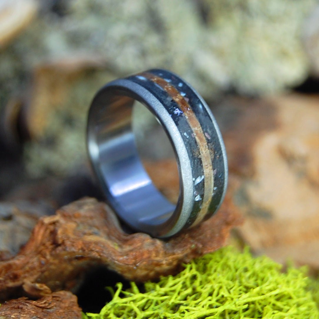 Taking Whiskey Shots With A T - Rex | Men's Dinosaur Tooth/Bone, Whiskey Barrel Wood & Titanium Wedding Ring - Minter and Richter Designs