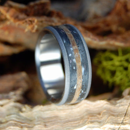 Taking Whiskey Shots With A T - Rex | Men's Dinosaur Tooth/Bone, Whiskey Barrel Wood & Titanium Wedding Ring - Minter and Richter Designs