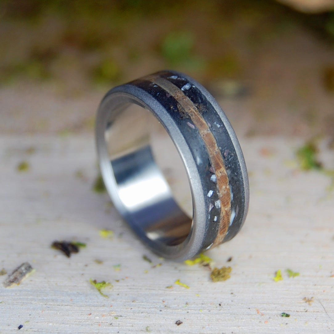 Taking Whiskey Shots With A T - Rex | Men's Dinosaur Tooth/Bone, Whiskey Barrel Wood & Titanium Wedding Ring - Minter and Richter Designs