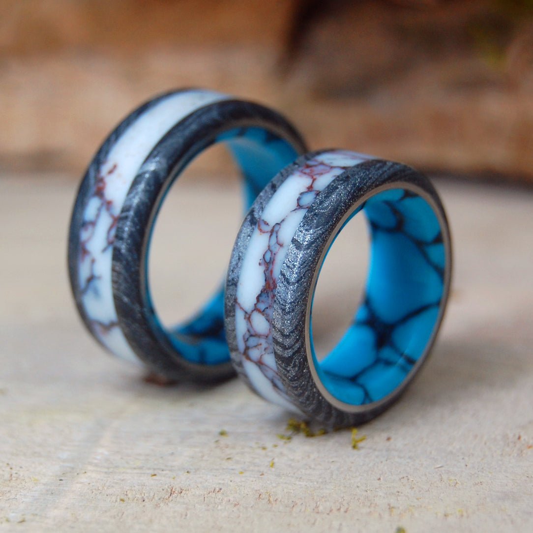 Texas Fire | Wild Horse Jasper, M3 And Turquoise - Unique Wedding Ring - Wedding Ring Set - Minter and Richter Designs