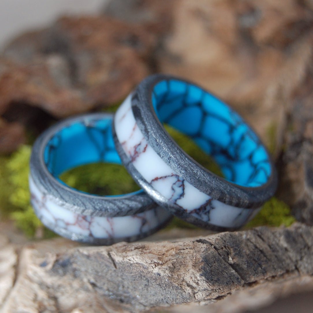 Texas Fire | Wild Horse Jasper, M3 And Turquoise - Unique Wedding Ring - Wedding Ring Set - Minter and Richter Designs