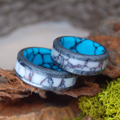 Texas Fire | Wild Horse Jasper, M3 And Turquoise - Unique Wedding Ring - Wedding Ring Set - Minter and Richter Designs