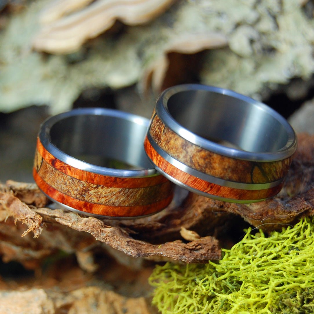 The Corner Of Their Heart | Amboyna Burl & Spalted Maple Titanium Wedding Ring Set - Minter and Richter Designs