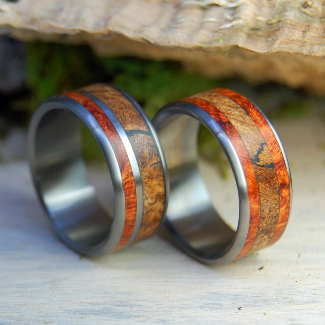 The Corner Of Their Heart | Amboyna Burl & Spalted Maple Titanium Wedding Ring Set - Minter and Richter Designs