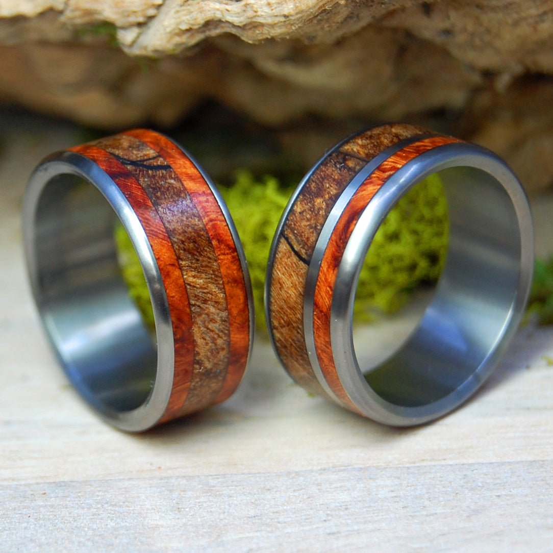 The Corner Of Their Heart | Amboyna Burl & Spalted Maple Titanium Wedding Ring Set - Minter and Richter Designs